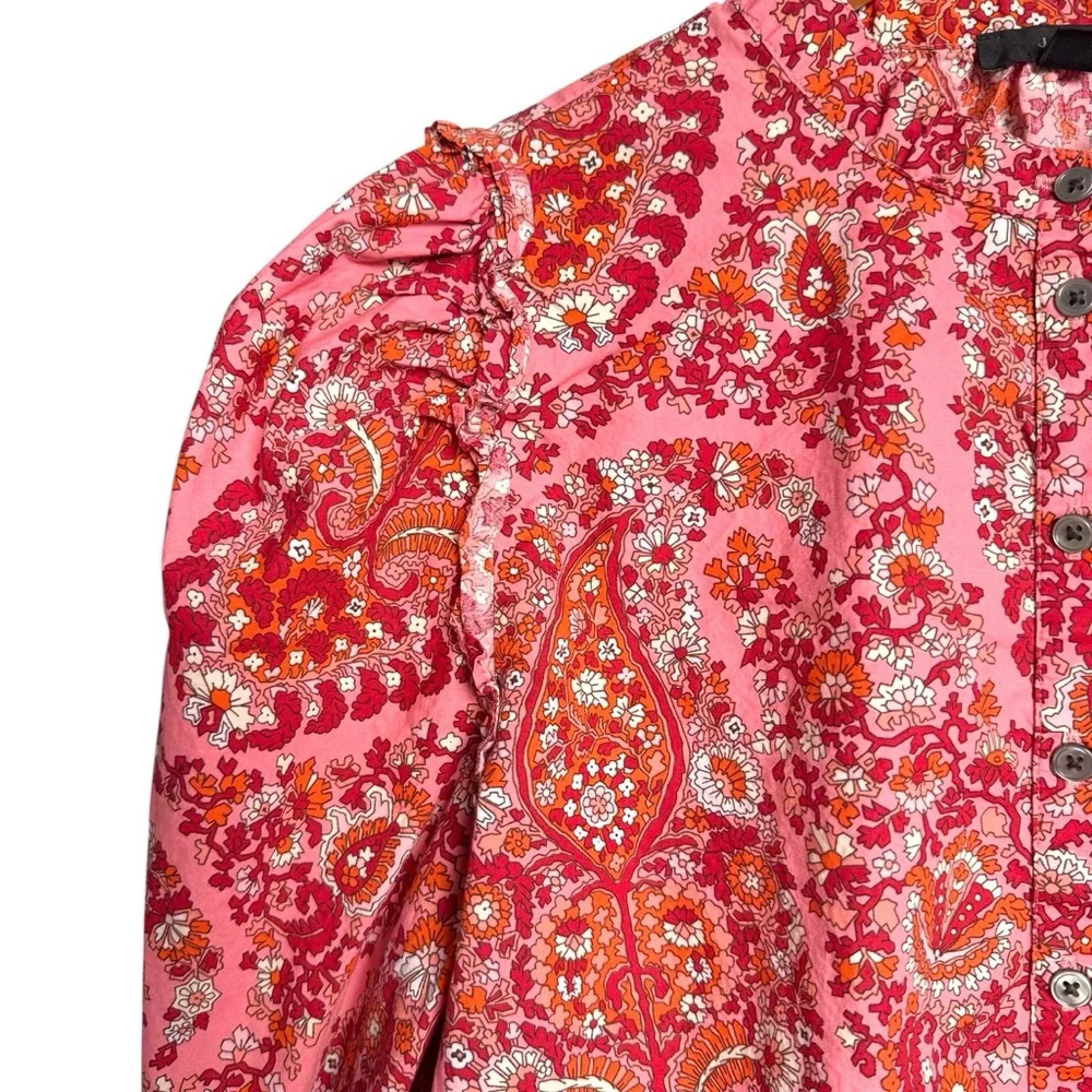J. Crew Puff Sleeve Top Blouse Oversized Paisley Print Pink Women Size XL Ruffle - Picture 5 of 13